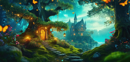Fantasy landscape with fairytale castle in the forest. 3d renderingの素材