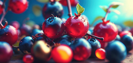 Fresh blueberries and red currant with water drops on wooden tableの素材