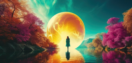 3d illustration of a woman standing at the lake and looking at the full moonの素材