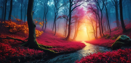 Fantasy landscape with a river flowing through a red forest during a foggy sunriseの素材