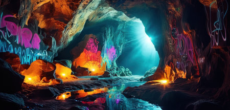 Fantasy dark cave with glowing neon lights. 3D Renderingの素材