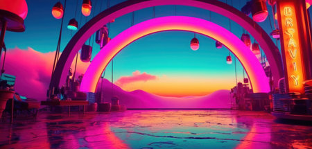 3D rendering of the entrance to a fantasy world with neon lightsの素材