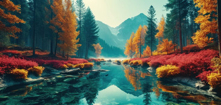 3D render of a colorful autumn forest with a lake and mountainsの素材