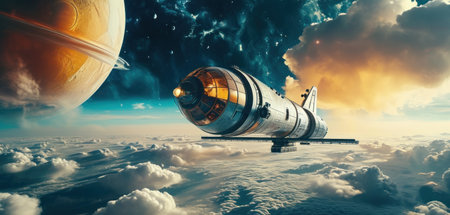 Spaceship flying high in the sky. 3D rendering.の素材