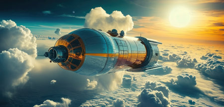 Spaceship flying above the clouds. 3d render illustration.の素材