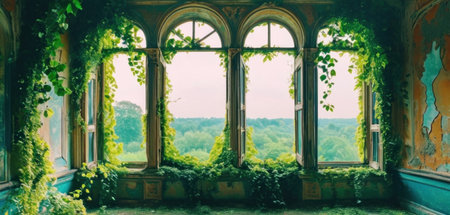 Vintage interior of an old house with green ivy and plantsの素材