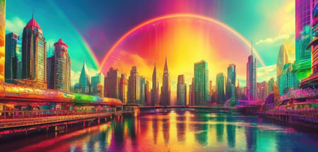 shanghai skyline at night with rainbow effect,panoramic viewの素材