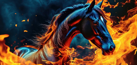 Horse in the fire on a black background. 3d illustrationの素材