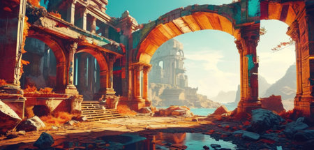 Ruins of the temple on the shore of the lake. Digital painting.の素材