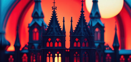 A 3d render of a castle with a red sky in the backgroundの素材