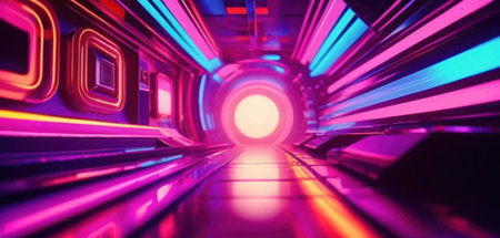 Futuristic tunnel with glowing neon light. 3d illustration.の素材