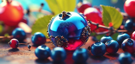 Christmas decoration with berries and blue baubles on rustic backgroundの素材