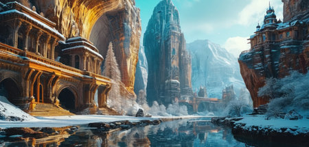 Fantasy alien planet. Mountain and lake in snowy forest. 3D illustrationの素材