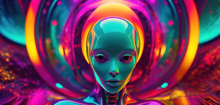3d rendering of a female robot with futuristic background in neon lightの素材