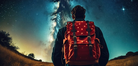 Rear view of young man with backpack looking at starry skyの素材