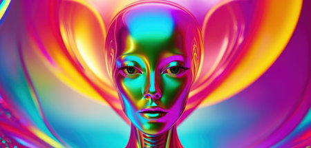 3d rendering of a female face in a surreal style with a colorful background.の素材