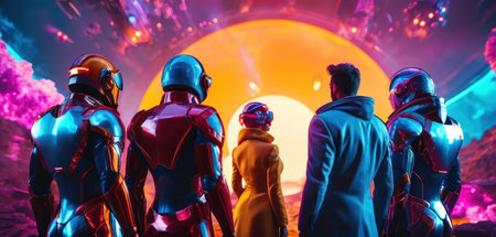 3D rendering of a group of people in an alien planet.の素材