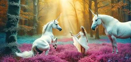 Beautiful unicorns in the magic forest. Fairytale scene.の素材