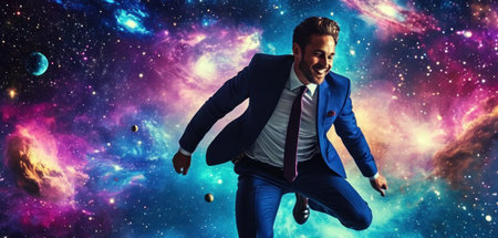 Handsome businessman flying in space. Mixed media. Mixed mediaの素材