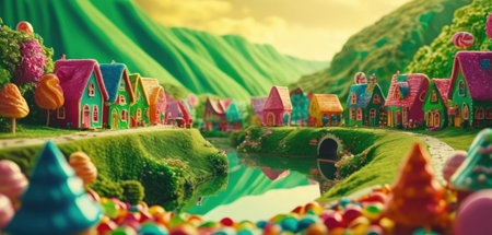 Miniature colorful houses with green grass and pond. 3d renderingの素材