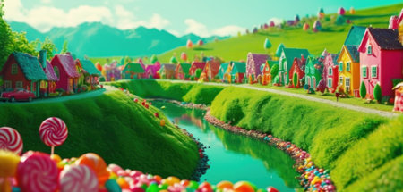 Miniature houses on the green hill with colorful lollipopsの素材