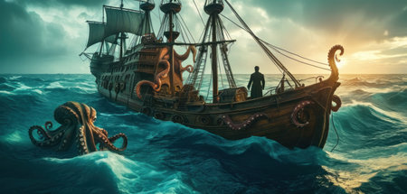 Pirate ship with octopus in the sea. 3d renderの素材
