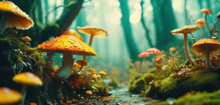 Mushrooms in the autumn forest. Beautiful nature scene with mushrooms.の素材