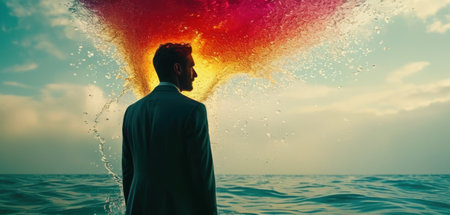 Businessman with abstract colorful explosion on the beach. Mixed media.の素材
