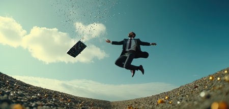 Conceptual image of businessman with briefcase jumping over gap. Mixed mediaの素材