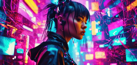 Portrait of a beautiful asian girl with dreadlocks in neon light.の素材