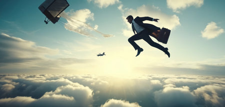 Businessman flying high in the sky with his briefcase and airplaneの素材