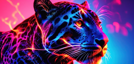 Neon portrait of a leopard. 3D illustration. Fantasyの素材