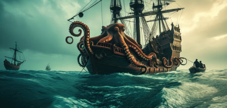 Pirate ship with octopus in stormy sea. 3D renderingの素材