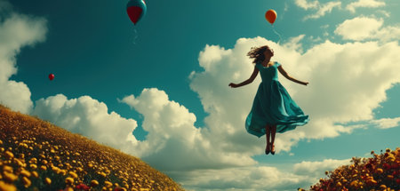 Beautiful young woman flying in the sky with balloons. 3d renderingの素材