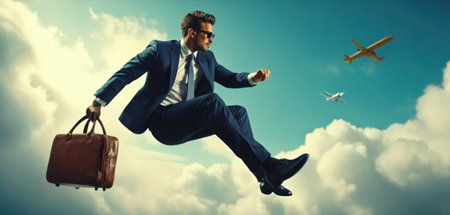 Businessman running with briefcase and airplane flying in the sky.の素材