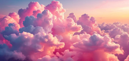 Beautiful cloudscape at sunset. Panoramic aerial view of beautiful fluffy clouds.の素材