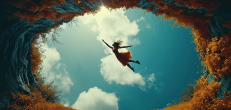 Surreal 3d rendering of a girl flying in the sky.の素材
