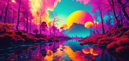 Fantasy landscape with fantasy forest and lake. 3d illustration.の素材