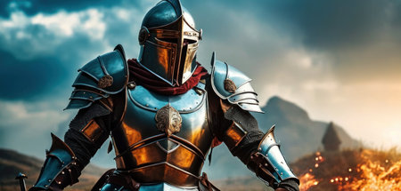 Knight in armor on the background of the mountains and the sky.の素材