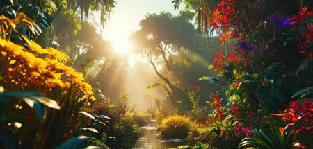 Beautiful tropical garden with flowers and sunlight. Panoramic viewの素材