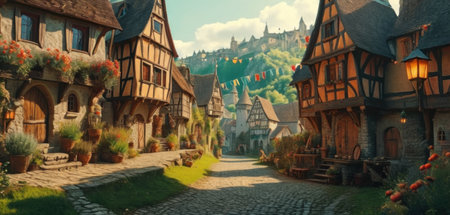 Medieval fairytale village with half-timbered houses in old town.の素材