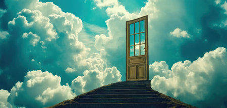Conceptual image of steps leading to open door on sky backgroundの素材