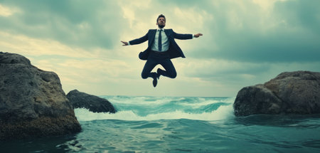 Businessman jumping over the rocks in the sea. Business concept.の素材