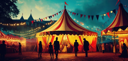 Silhouettes of people in front of a big circus tent at nightの素材