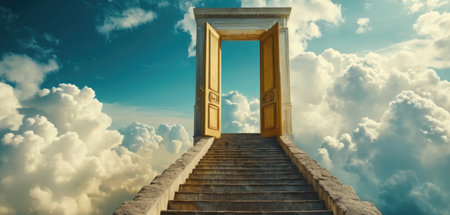 Conceptual 3D illustration or conceptual golden door over blue sky background with cloudsの素材