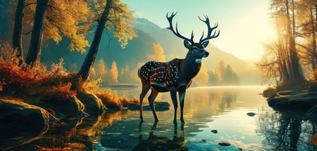 Fantastic autumn landscape with deer and lake. 3d renderの素材