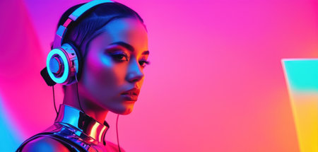 Cyborg woman with headphones looking at camera isolated on neon background.の素材