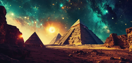 Ancient pyramids of Giza and the sun. 3D renderingの素材