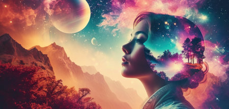 Beautiful woman with closed eyes and fantasy planet in the background.の素材