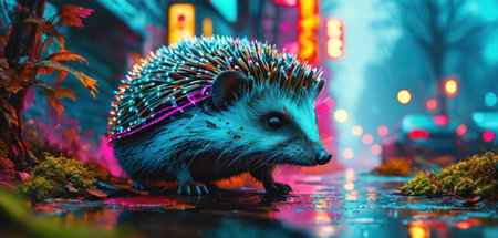 Hedgehog in the rain on a background of night city.の素材